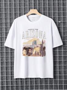 男士字母和山印花落肩T恤 - 白色 - 查看 1