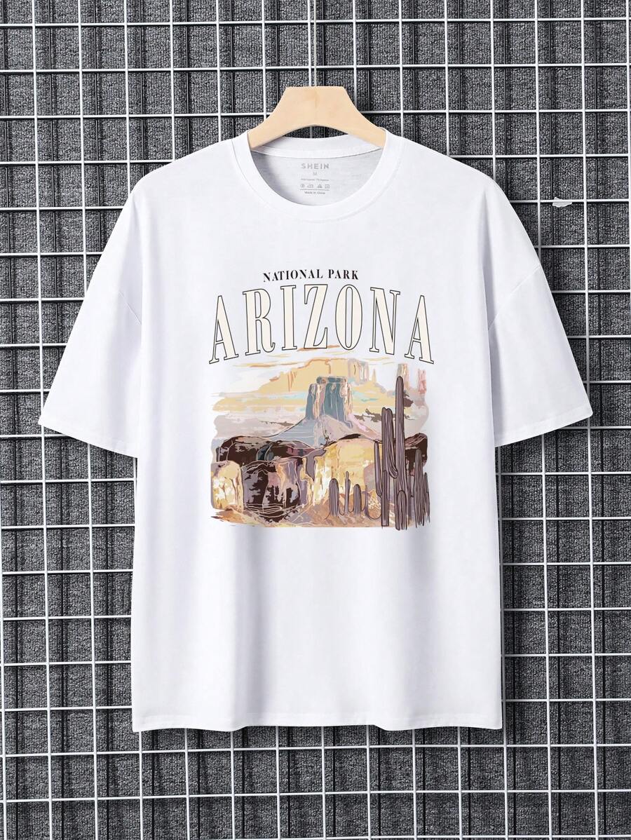 男士字母和山印花落肩T恤 - 白色 - 查看 1