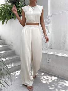 SHEIN Frenchy 素色背心上衣和直筒褲 - 杏色 - 查看 5