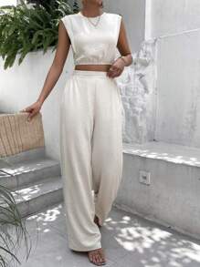 SHEIN Frenchy 素色背心上衣和直筒褲 - 杏色 - 查看 7