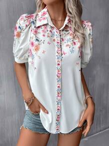 SHEIN LUNE 印花泡泡袖襯衫 - 白色 - 查看 3