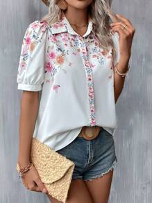 SHEIN LUNE 印花泡泡袖襯衫 - 白色 - 查看 4