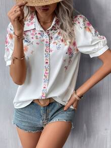 SHEIN LUNE 印花泡泡袖襯衫 - 白色 - 查看 5