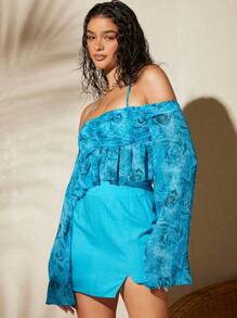 SHEIN VCAY 印花荷葉邊吊脖一字肩胸部褶皺上衣 - 彩色 - 查看 4