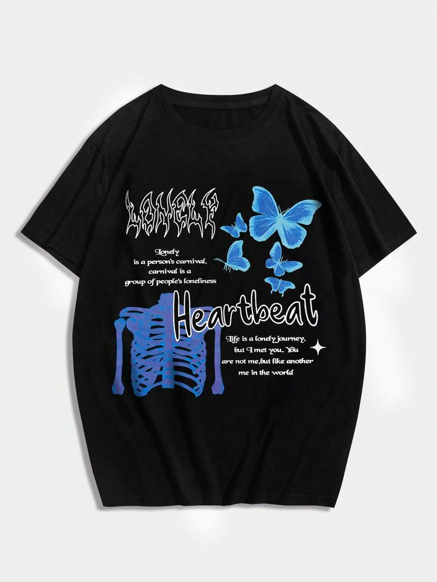 ROMWE MEN Street Life Áo thun nam Slogan Loại bướm Đường phố - màu đen - Xem 1