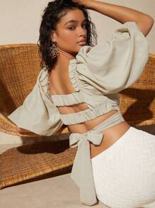 SHEIN VCAY 後背繫帶泡泡袖褶邊短款上衣 - 米色 - 查看 1