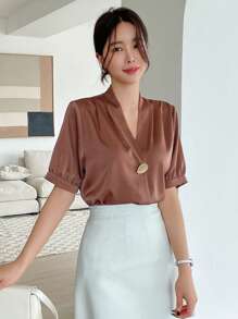 DAZY Blusa Sólida De Manga Abullonada Con Botones En La Parte Delantera - Óxido marrón - Ver 2
