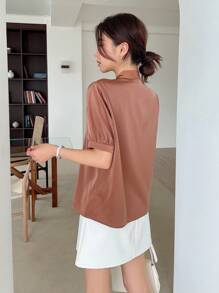 DAZY Blusa Sólida De Manga Abullonada Con Botones En La Parte Delantera - Óxido marrón - Ver 3