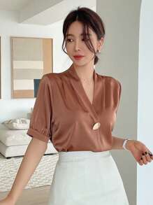 DAZY Blusa Sólida De Manga Abullonada Con Botones En La Parte Delantera - Óxido marrón - Ver 4