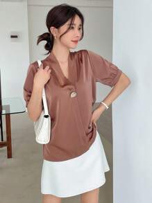 DAZY Blusa Sólida De Manga Abullonada Con Botones En La Parte Delantera - Óxido marrón - Ver 6