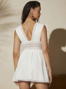 Travachic Plunging Neck Drawstring Shoulder Guipure Lace Trim Dress