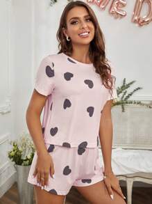 Conjunto de pijama con camiseta y pantalones cortos con estampado de corazón