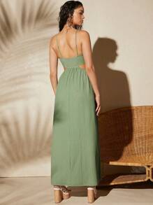 SHEIN VCAY Đầm Lộ Lưng Cắt ra Thắt nơ trước màu trơn Gợi cảm - Màu xanh Bạc hà - Xem 2