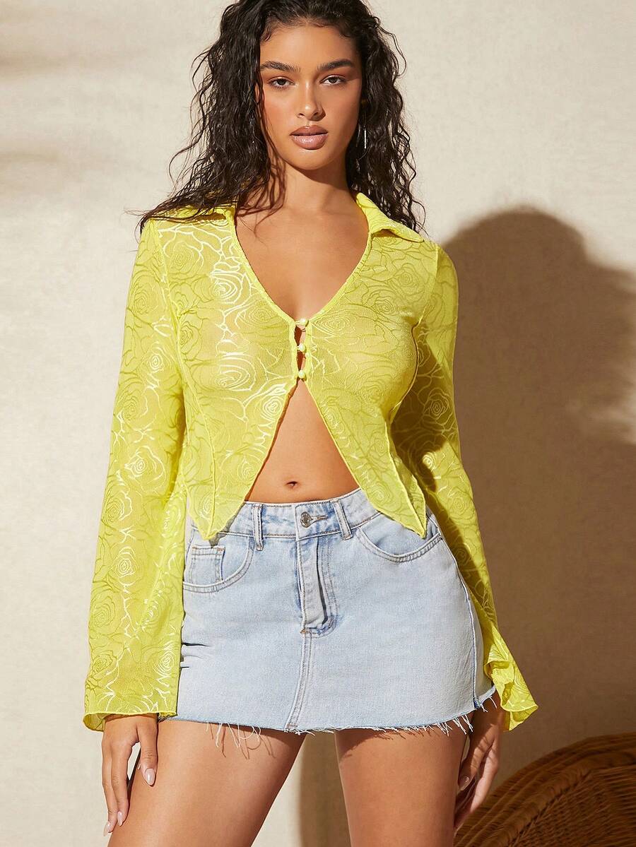 SHEIN VCAY 印花前紐扣木耳邊網紗上衣 - 黃色 - 查看 1
