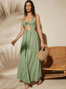 SHEIN VCAY Đầm Lộ Lưng Cắt ra Thắt nơ trước màu trơn Gợi cảm - Màu xanh Bạc hà - Xem 4