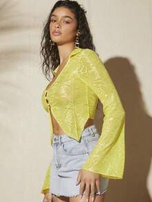 SHEIN VCAY 印花前紐扣木耳邊網紗上衣 - 黃色 - 查看 5
