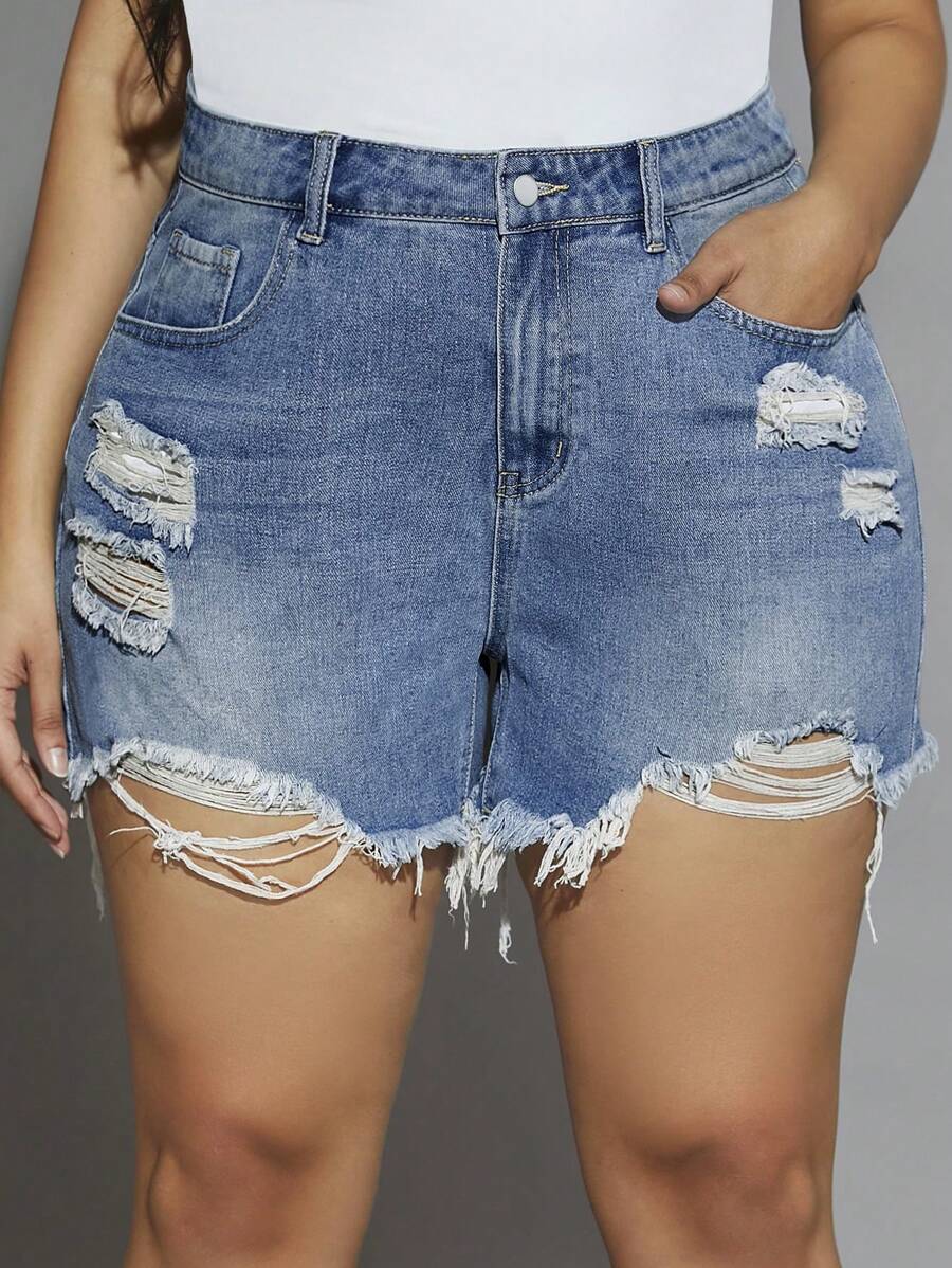 SHEIN Frenchy Plus Ripped Raw Cut Denim Shorts - Medium Wash - View 1