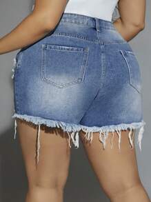 SHEIN Frenchy Plus Ripped Raw Cut Denim Shorts - Medium Wash - View 2
