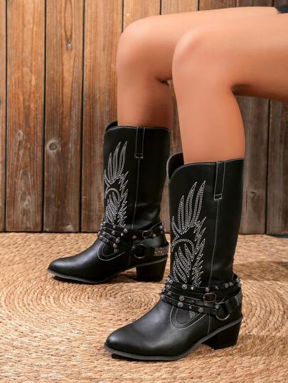 Goth Botas de moda puntiagudas para mujer con decoración de picos bordados, botas de estilo punk occidental al aire libre, botas de vaquero para mujeres