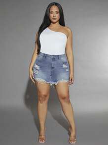 SHEIN Frenchy Plus Ripped Raw Cut Denim Shorts - Medium Wash - View 3