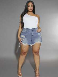 SHEIN Frenchy Plus Ripped Raw Cut Denim Shorts - Medium Wash - View 4