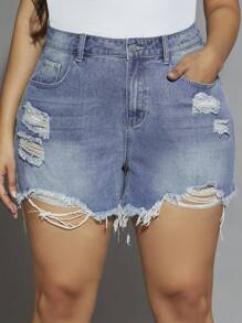 SHEIN Frenchy Plus Ripped Raw Cut Denim Shorts - Medium Wash - View 5