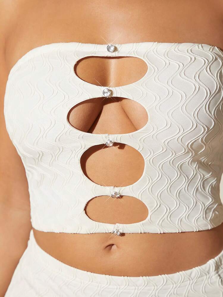 SHEIN BAE 鏤空抹胸上衣和開衩短裙 - 白色 - 查看 3