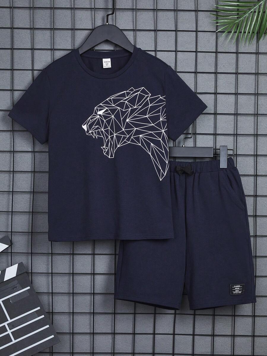 SHEIN Bộ hai mảnh Trai Dây kéo Đắp vá Túi Thú vật Lá thư Giải trí - Màu xanh hải quân - Xem 1