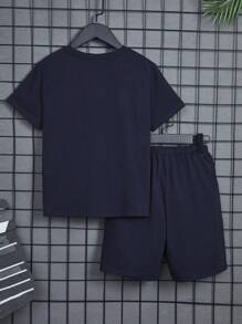 SHEIN Bộ hai mảnh Trai Dây kéo Đắp vá Túi Thú vật Lá thư Giải trí - Màu xanh hải quân - Xem 2