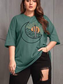 Plus Sun & Moon Print Drop Shoulder Tee - Teal Blue - View 1