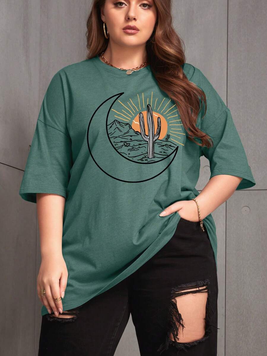 Plus Sun & Moon Print Drop Shoulder Tee - Teal Blue - View 1