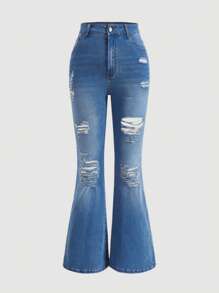 SHEIN MOD Plus Ripped Flare Leg Jeans - Medium Wash - View 1