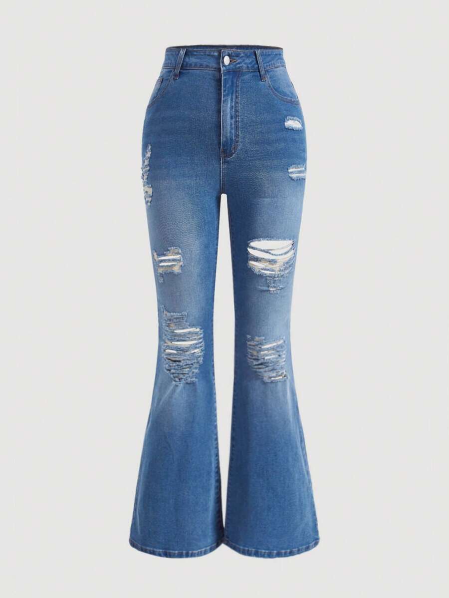 SHEIN MOD Plus Ripped Flare Leg Jeans - Medium Wash - View 1