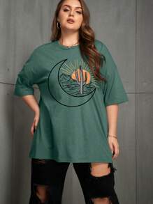 Plus Sun & Moon Print Drop Shoulder Tee - Teal Blue - View 3
