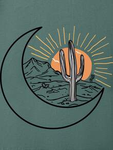 Plus Sun & Moon Print Drop Shoulder Tee - Teal Blue - View 4