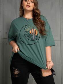 Plus Sun & Moon Print Drop Shoulder Tee - Teal Blue - View 5