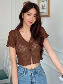 DAZY Solid Button Front Crop Tee - Brown - View 2