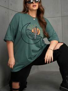 Plus Sun & Moon Print Drop Shoulder Tee - Teal Blue - View 6