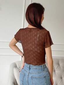 DAZY Solid Button Front Crop Tee - Brown - View 3