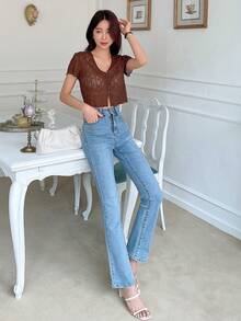 DAZY Solid Button Front Crop Tee - Brown - View 5