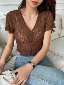 DAZY Solid Button Front Crop Tee - Brown - View 1
