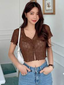 DAZY Solid Button Front Crop Tee - Brown - View 7