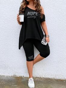 EMERY ROSE Plus Letter Graphic Asymmetrical Neck Tee & Biker Shorts - Black - View 1