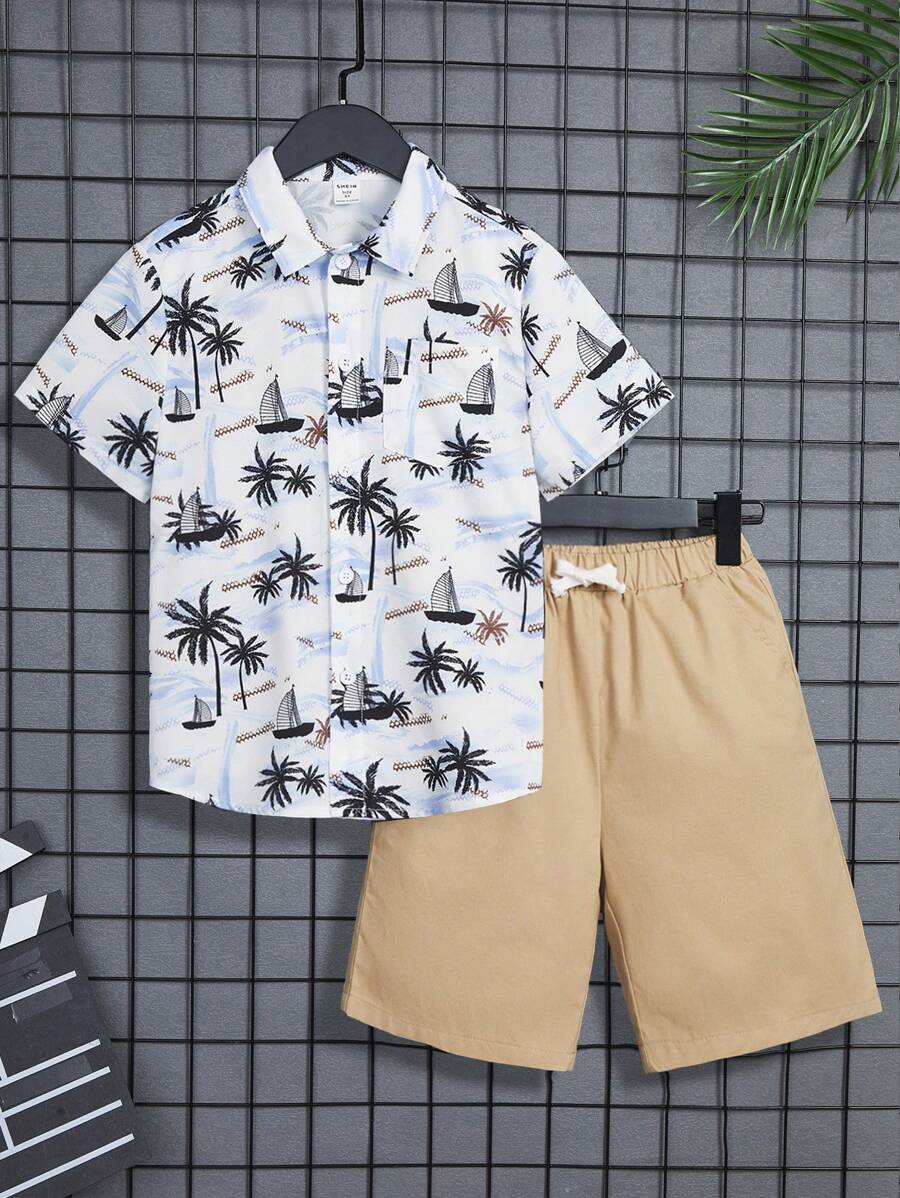 SHEIN Bộ hai mảnh Trai Dây kéo Túi Nút phía trước Nhiệt đới Boho - Màu Khaki - Xem 1