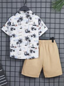 SHEIN Bộ hai mảnh Trai Dây kéo Túi Nút phía trước Nhiệt đới Boho - Màu Khaki - Xem 2