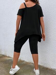 EMERY ROSE Plus Letter Graphic Asymmetrical Neck Tee & Biker Shorts - Black - View 2