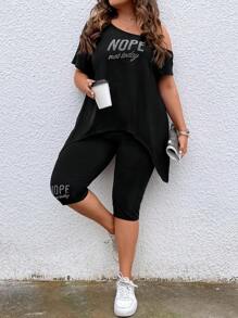 EMERY ROSE Plus Letter Graphic Asymmetrical Neck Tee & Biker Shorts - Black - View 4