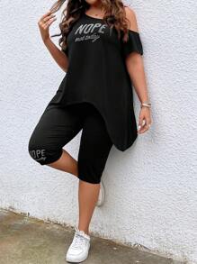 EMERY ROSE Plus Letter Graphic Asymmetrical Neck Tee & Biker Shorts - Black - View 5