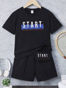 SHEIN 男孩標語圖案T恤和短褲和包 - 黑色 - 查看 1