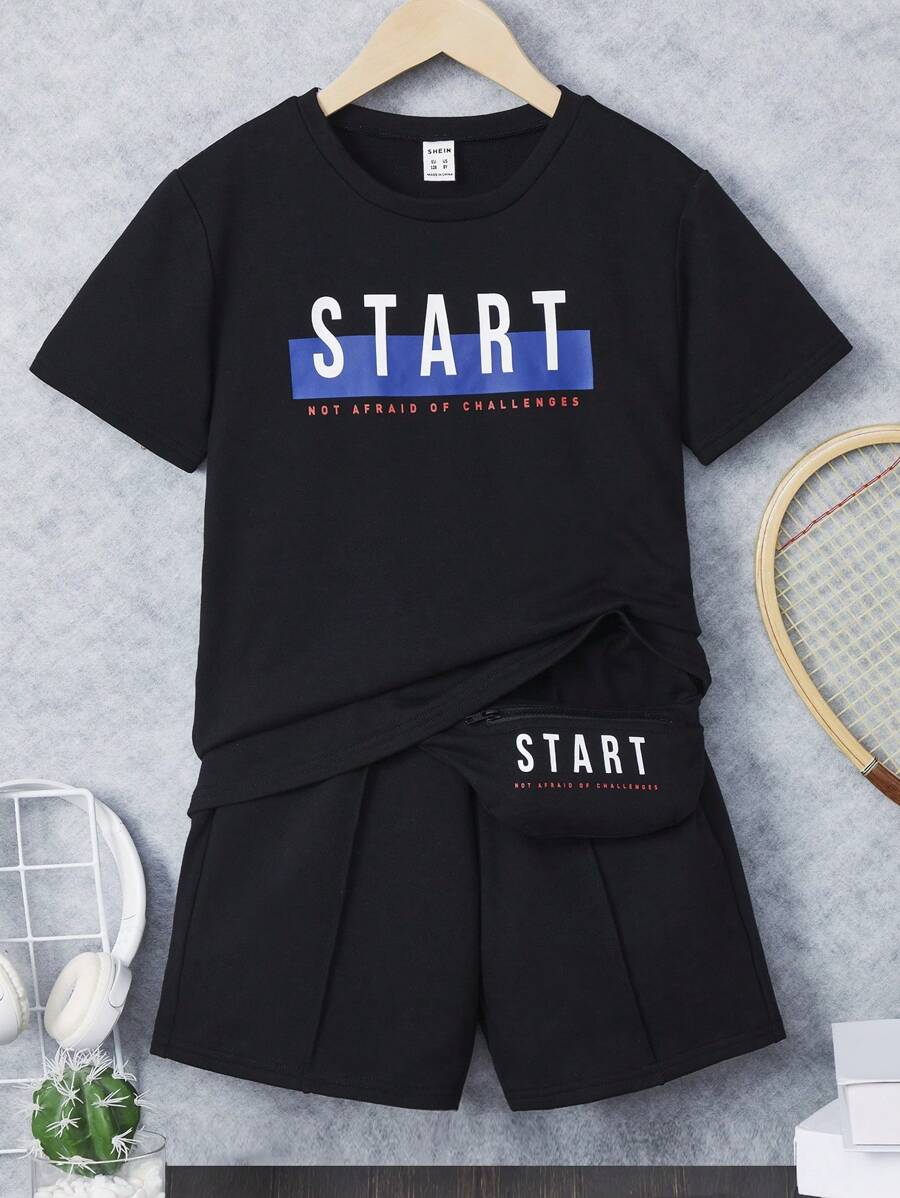 SHEIN 男孩標語圖案T恤和短褲和包 - 黑色 - 查看 1